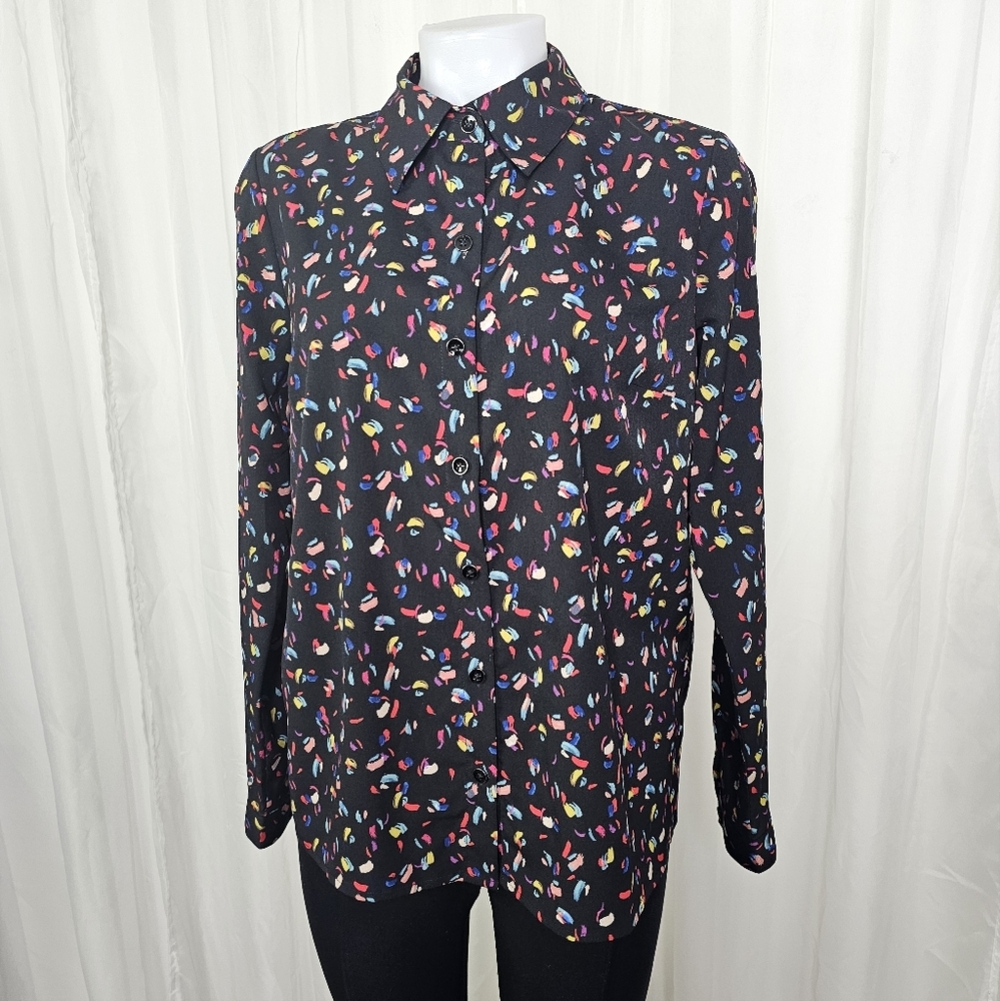 CAbi Ferris Blouse Black Multicolor Confetti Pattern Button Down Shirt Small